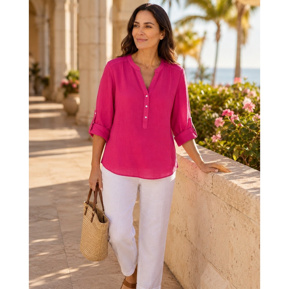Tommy Bahama Popover Blouse Womens Small Pink Cotton Crinkle Roll Tab Sleeve